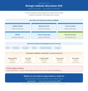 Infographie biologie médicale délocalisée 2026 : arrêté du 4 février 2026 - 6 lieux autorisés pour les examens biologiques hors laboratoire (cabinet médical, maison de santé, centre de santé, EHPAD, centre de dépistage, véhicule sanitaire) - examens INR D-dimères troponine HbA1c - convention obligatoire biologiste et structure d'accueil - BioGuid aide à la prescription biologique
